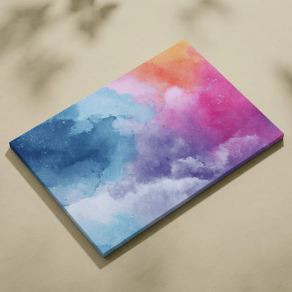 Canvas wall art featuring modern abstract digital design with blue, pink, and orange watercolor clouds.