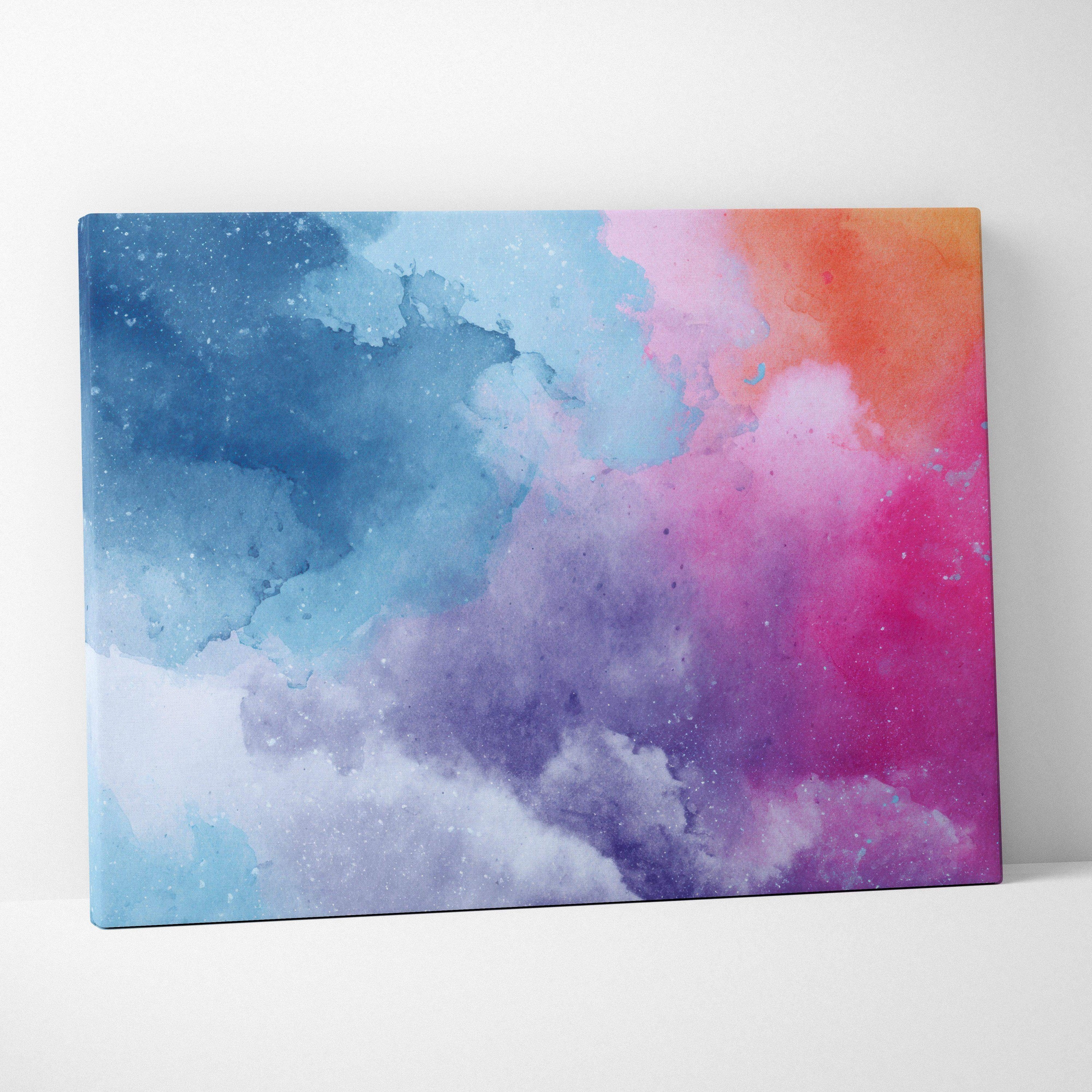 Abstract canvas art with blue, purple, pink, and orange watercolor textures on wall art canvas.