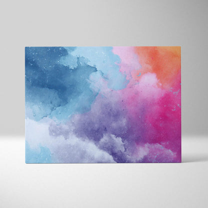 Abstract canvas wall art with blue, purple, pink, and orange cloud-like digital patterns.
