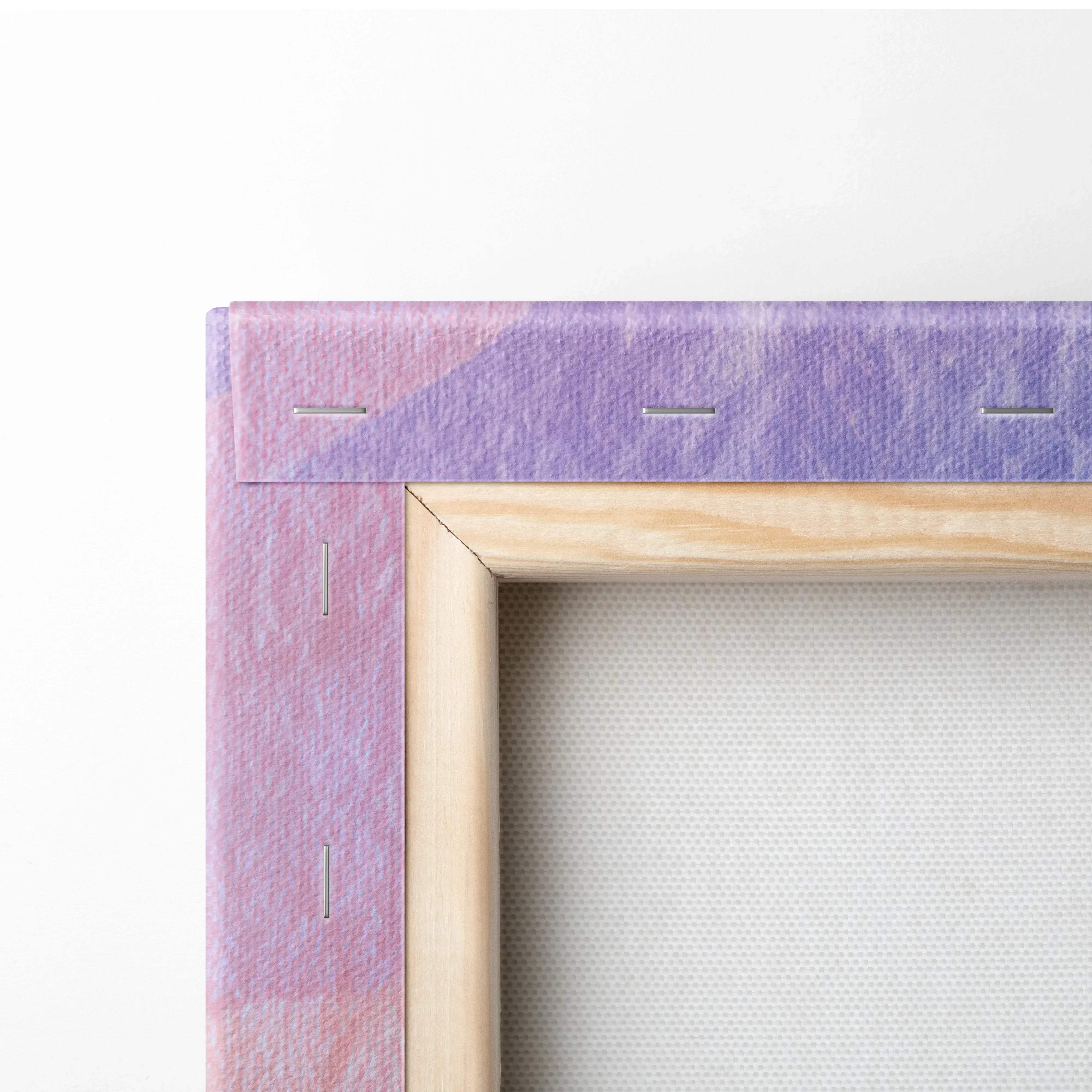 Abstract mountain landscape canvas wall art with lavender and pink gradient and light wood frame for modern living room