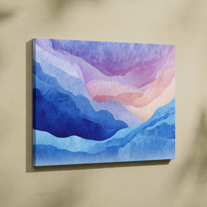 Vibrant abstract canvas wall art with layered blue, purple, and pink waves on canvas.