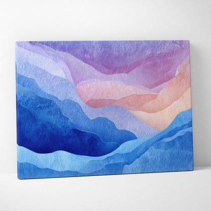 Abstract canvas wall art with layered blue, purple, and peach tones in a modern design.