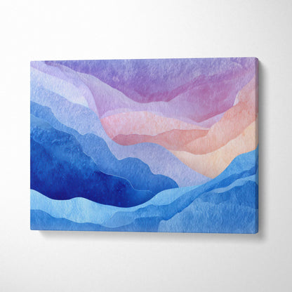 Vibrant abstract canvas wall art with layered blue, purple, and peach brushstrokes on canvas.