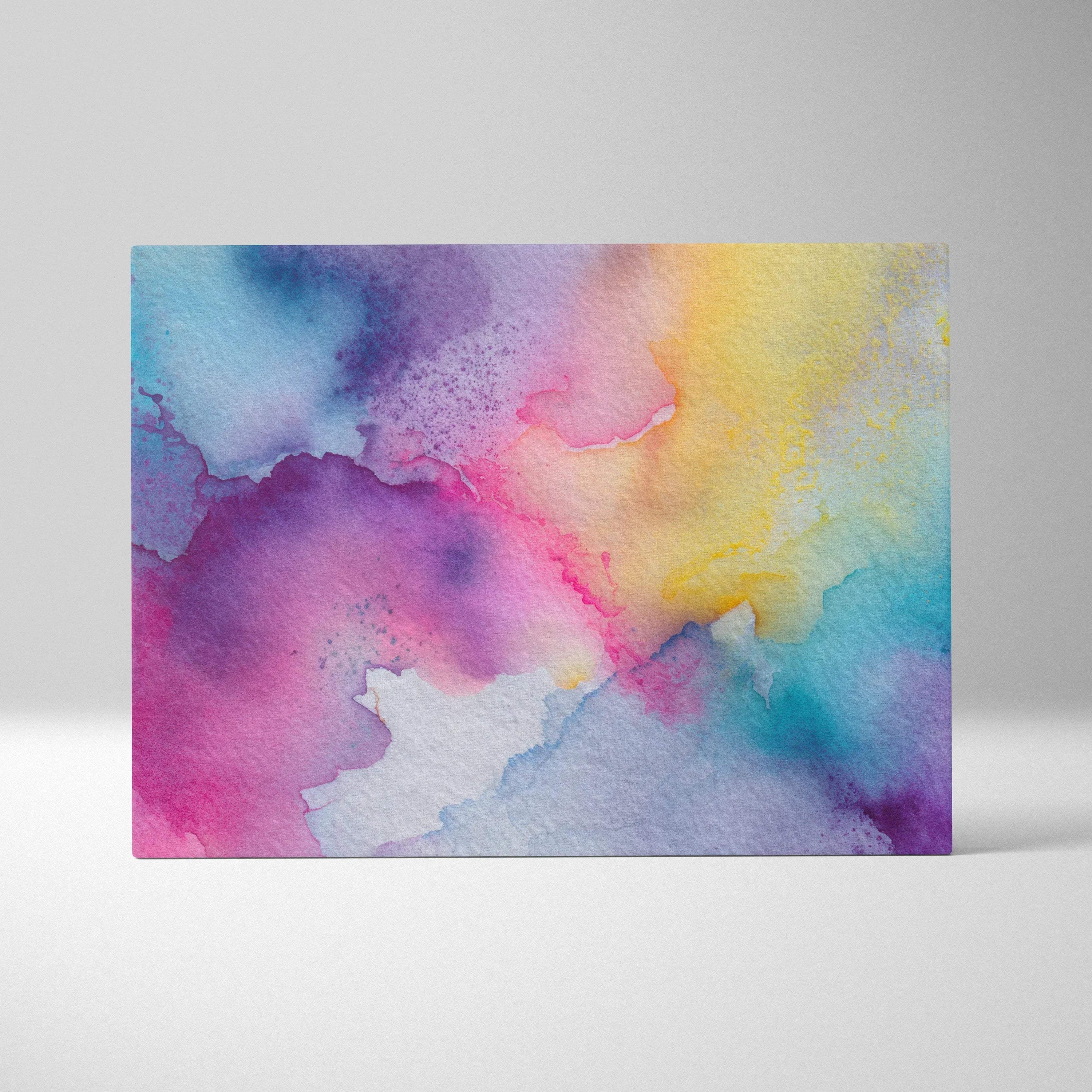 Abstract digital art canvas with vibrant watercolor blend of purple, pink, yellow, and blue hues.