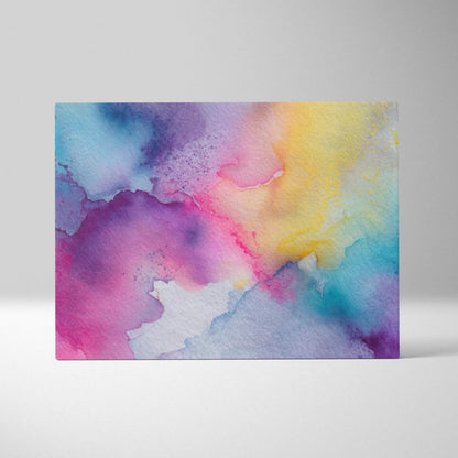Abstract digital art canvas with vibrant watercolor blend of purple, pink, yellow, and blue hues.