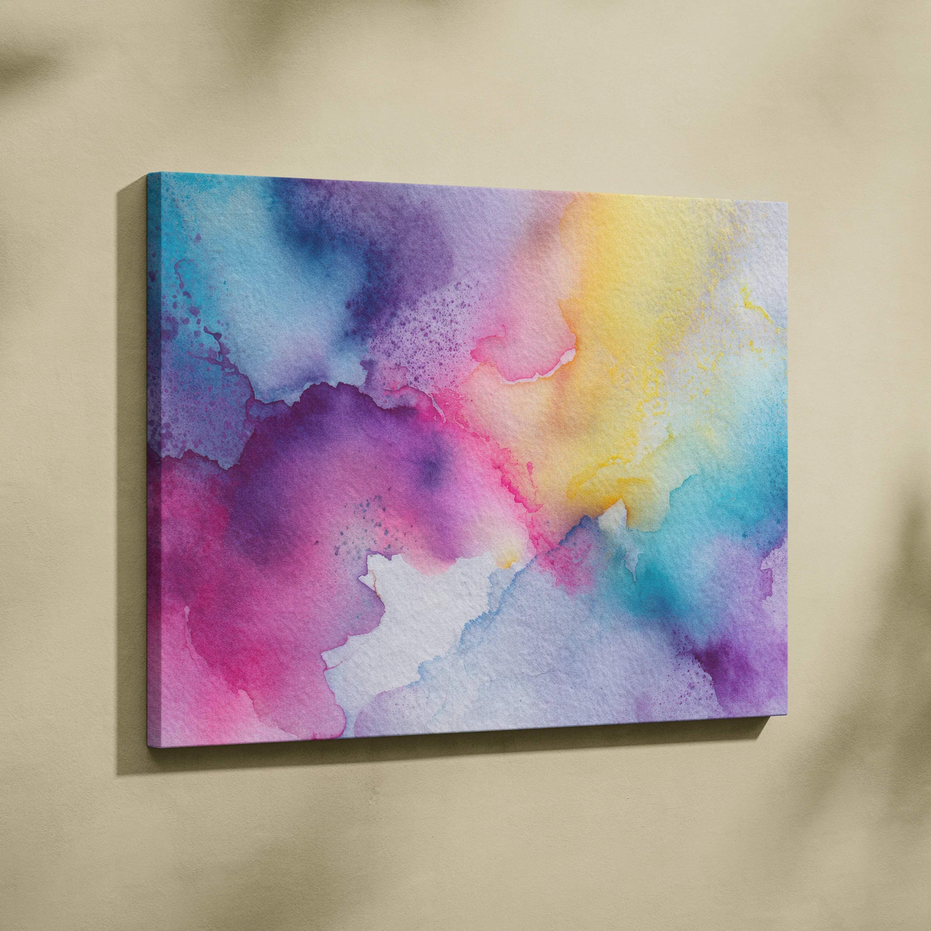 Colorful abstract canvas art with fluid purple, pink, blue, and yellow watercolor textures.