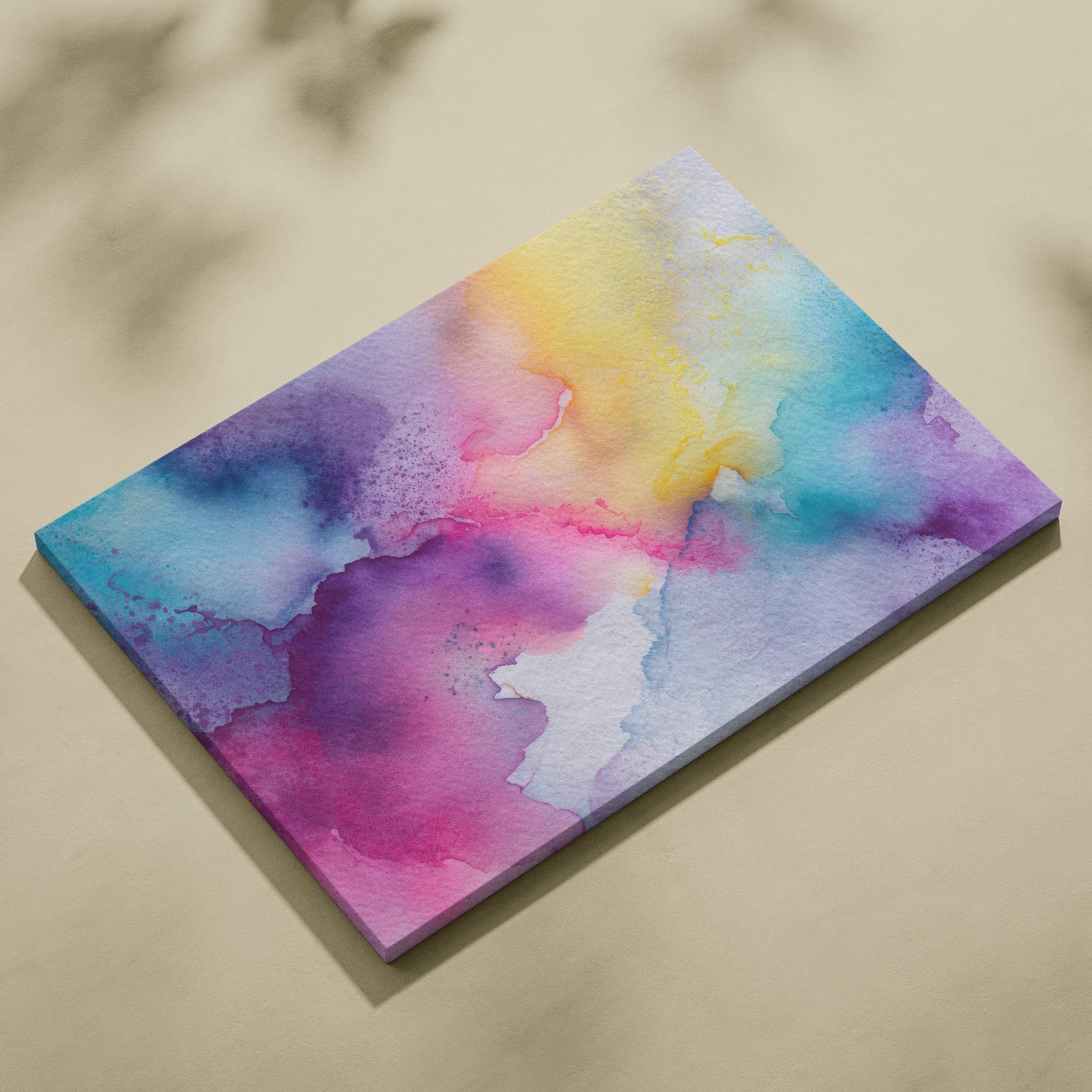 Vibrant abstract canvas art with swirling blue, purple, pink, and yellow watercolor patterns on wall art canvas.