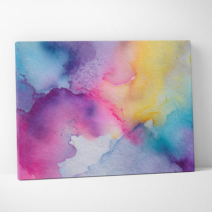 Abstract canvas art featuring vibrant watercolor blends in shades of purple, pink, yellow, and blue for wall decor.