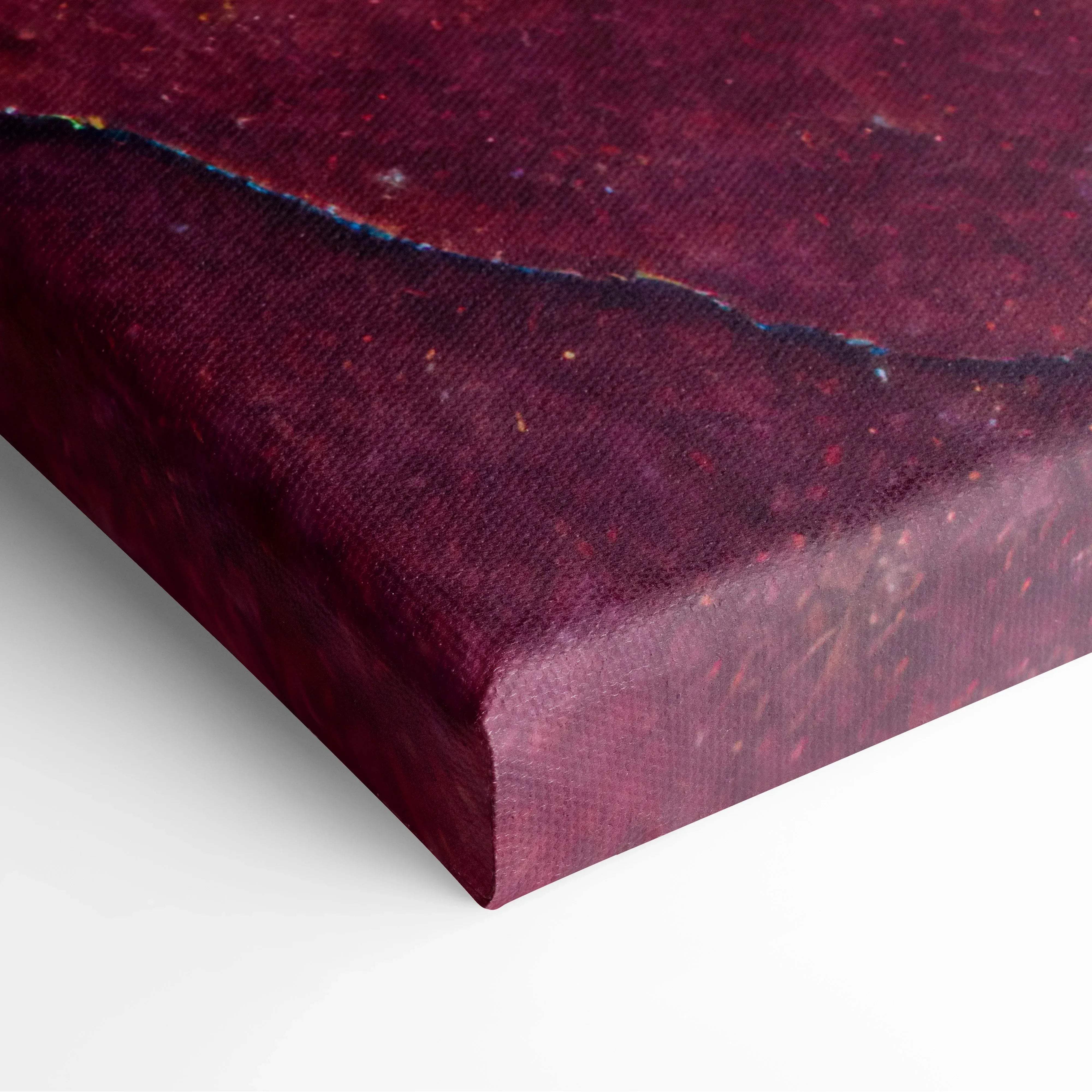 Deep burgundy abstract watercolor canvas wall art with textured painterly surface and stitched edge for home decor