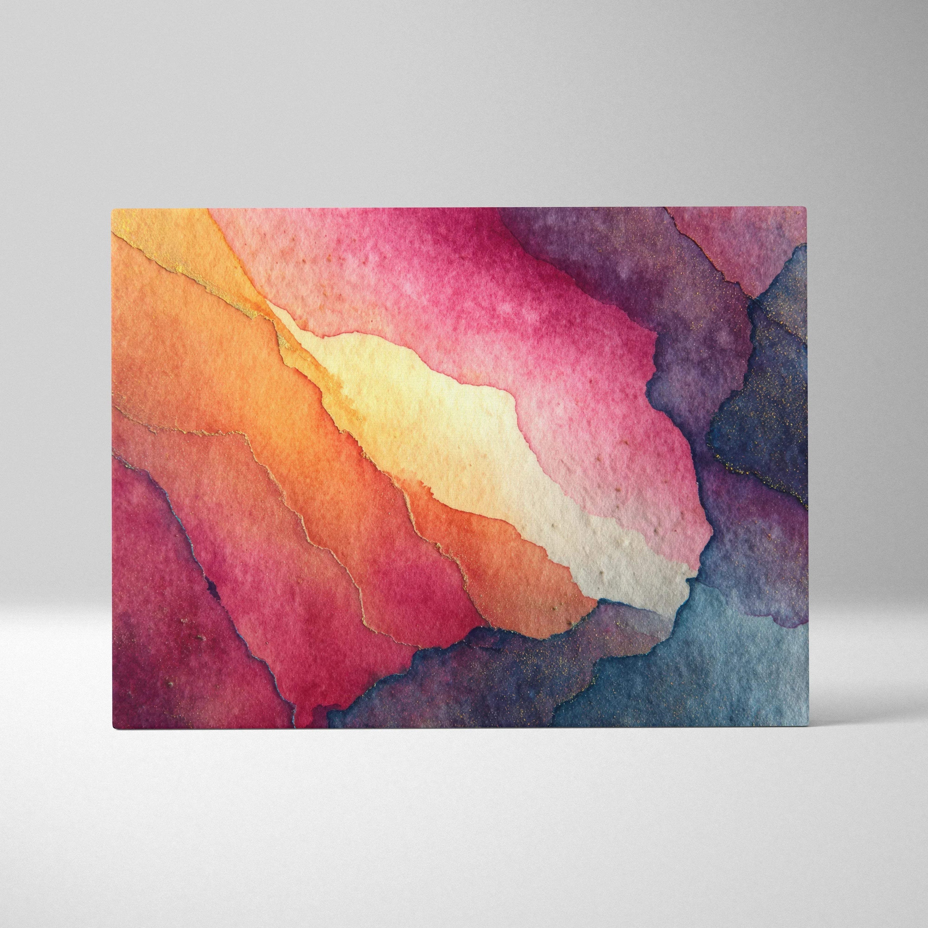 Vibrant abstract digital art canvas wall art with layered warm and cool watercolor textures.