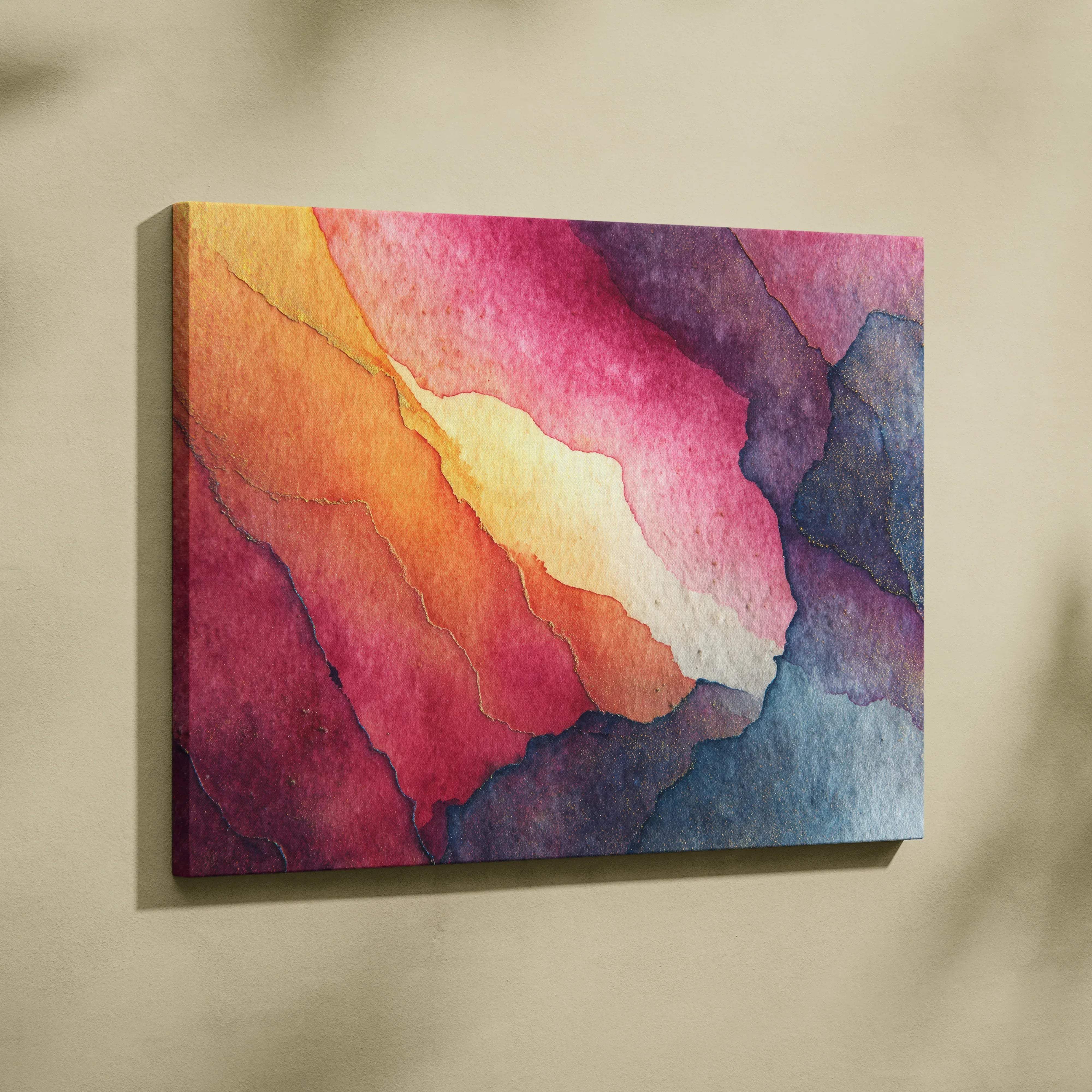 A vibrant abstract watercolor canvas wall art with flowing orange pink and purple gradients on textured surface