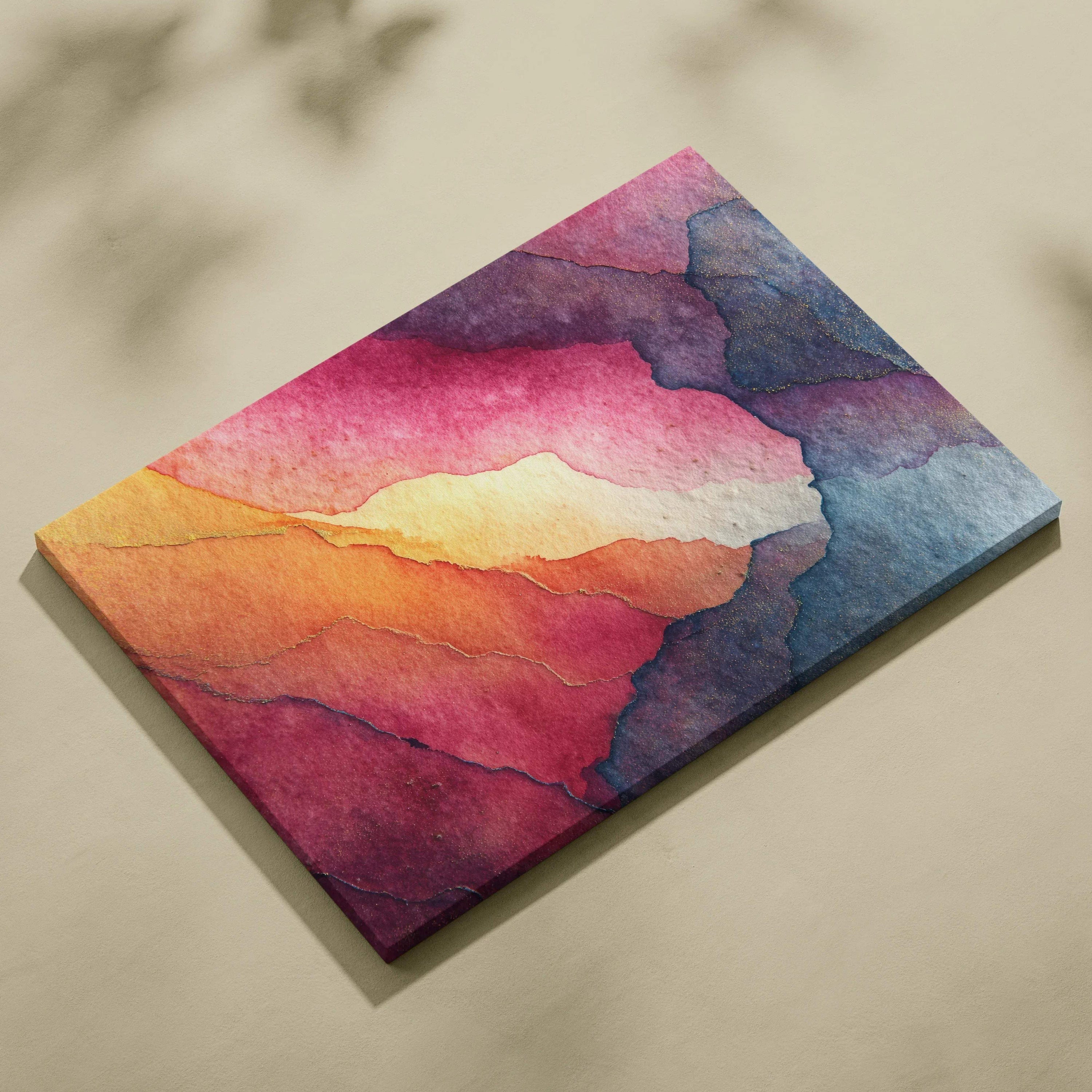 Abstract canvas wall art with vibrant pink, orange, yellow, and blue watercolor textures.