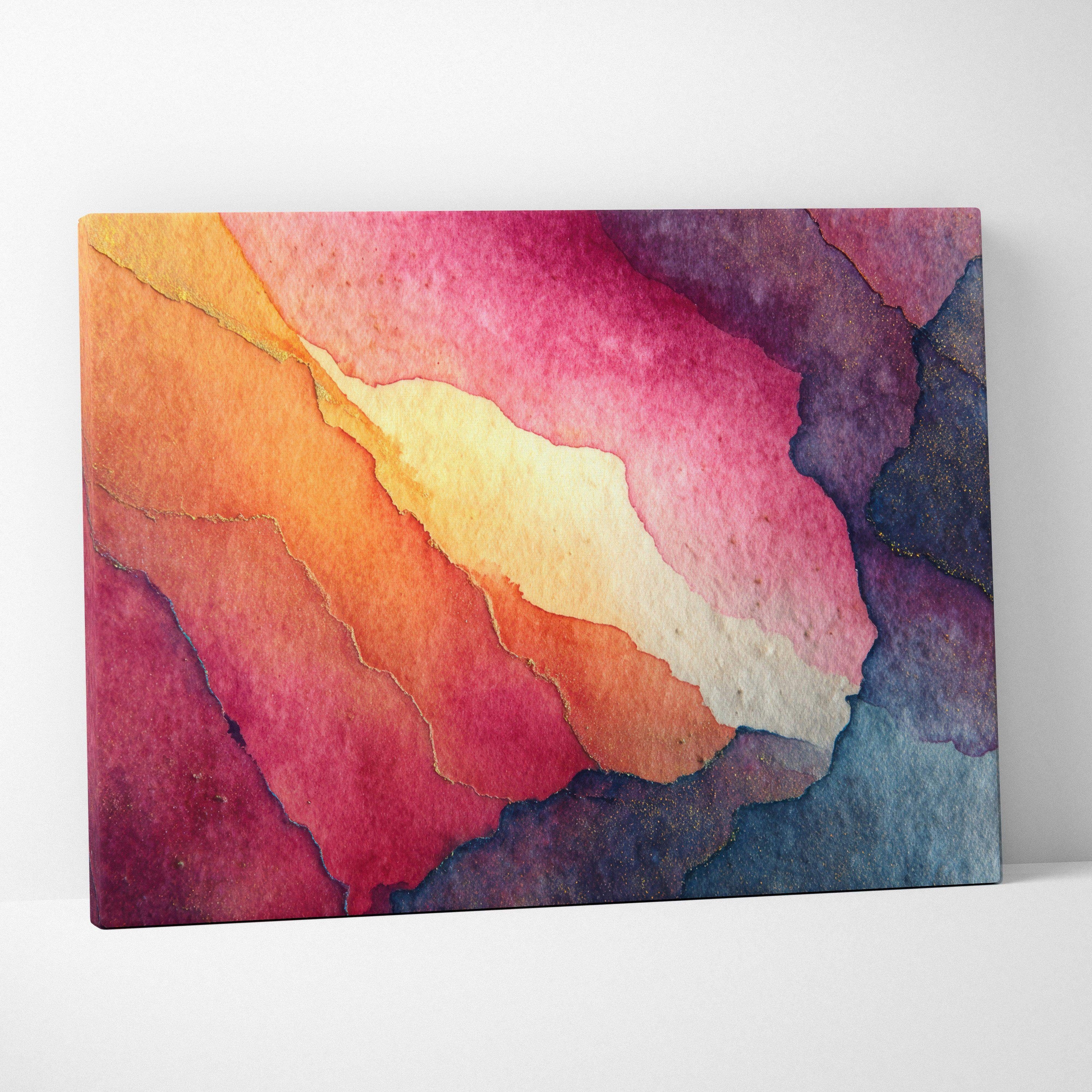 Vibrant abstract canvas art with layered shades of orange, pink, purple, and blue wall art print.