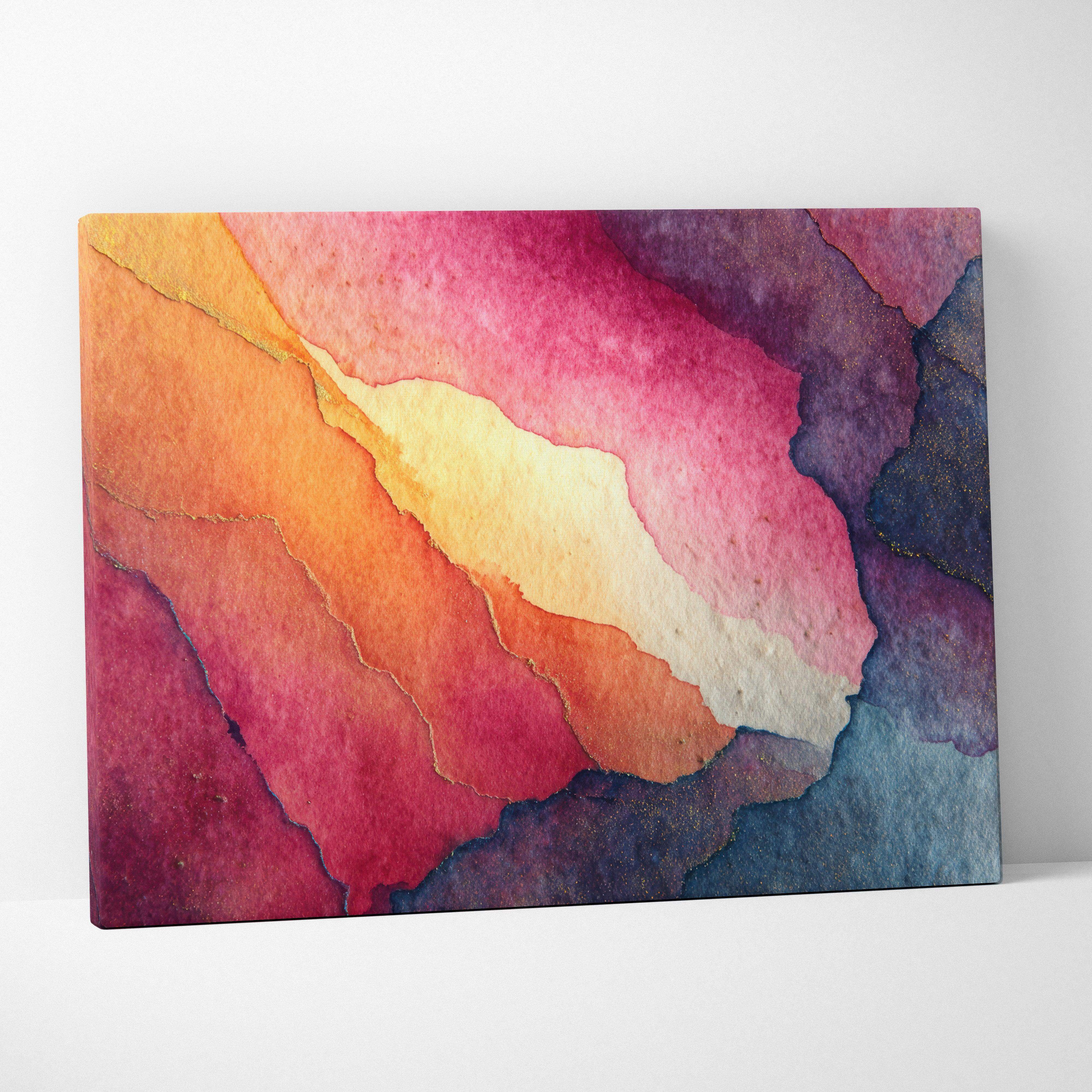 Vibrant abstract watercolor canvas wall art with flowing orange pink purple and blue gradients on textured surface