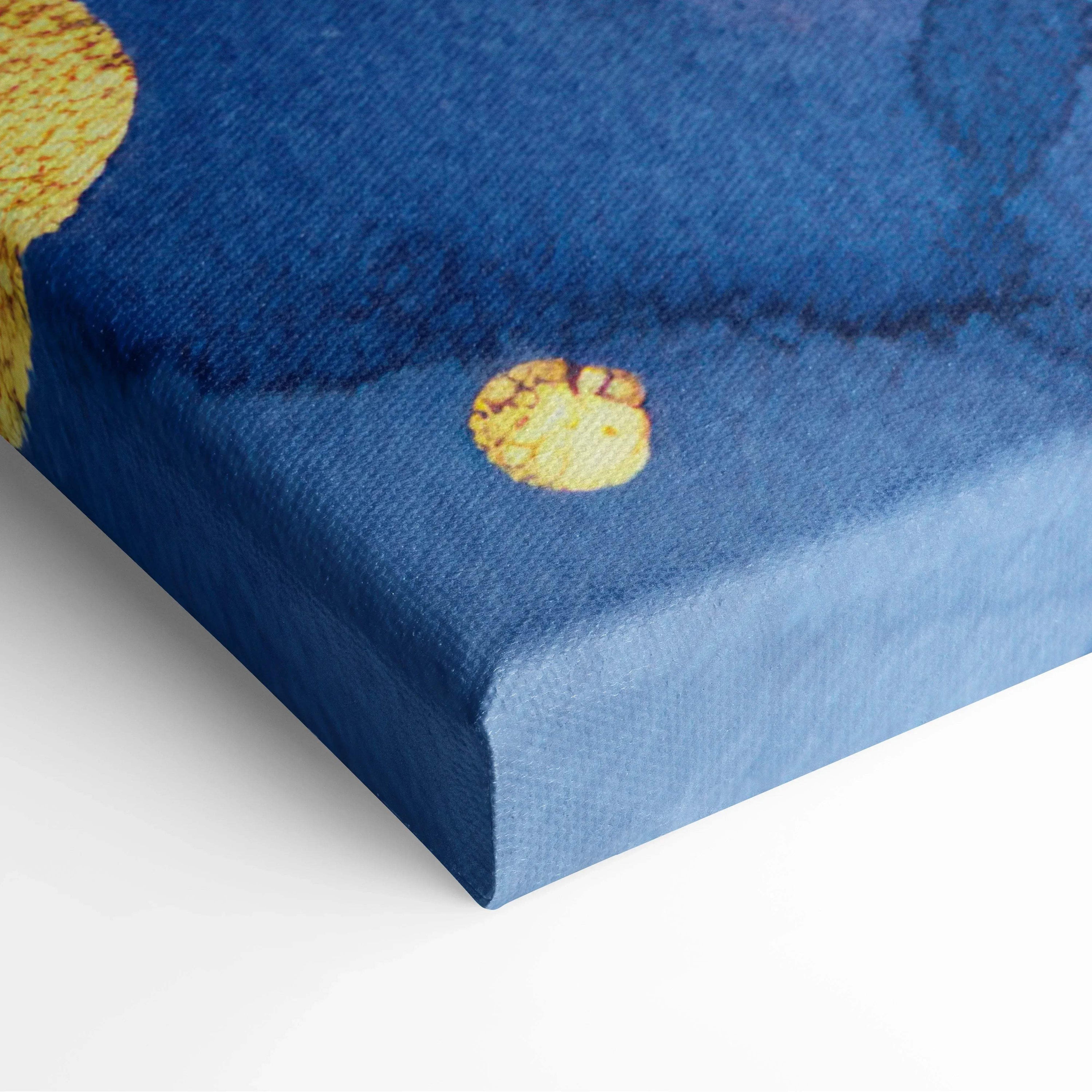 Blue canvas print with textured golden circular motifs on deep blue background coastal luxe abstract fluid art