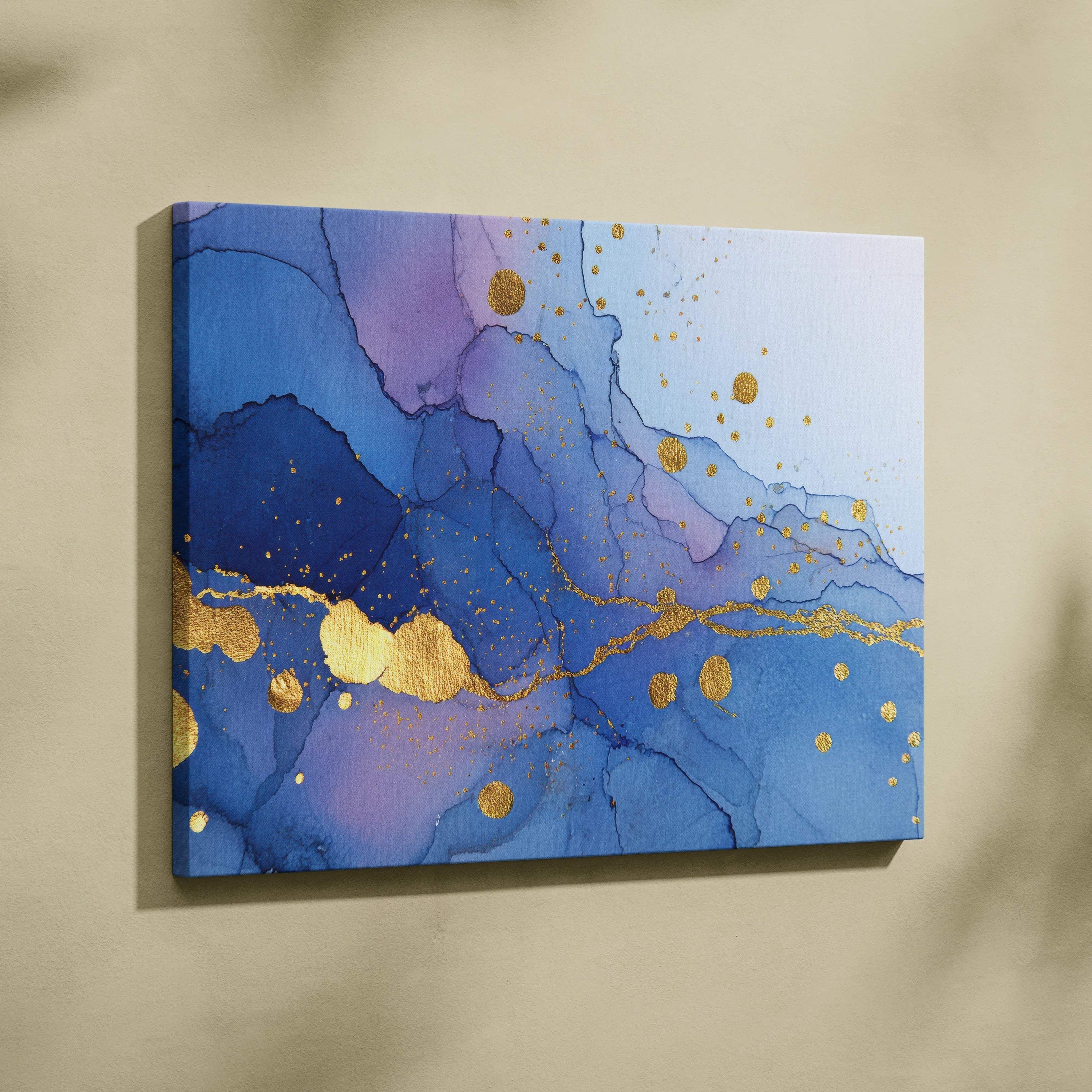 Coastal luxe abstract fluid art canvas wall art with deep blue purple gradients and shimmering gold accents