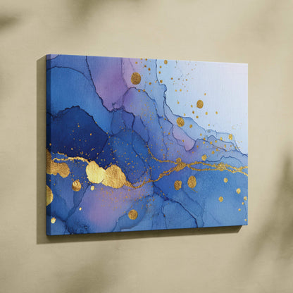 Coastal luxe abstract fluid art canvas wall art with deep blue purple gradients and shimmering gold accents
