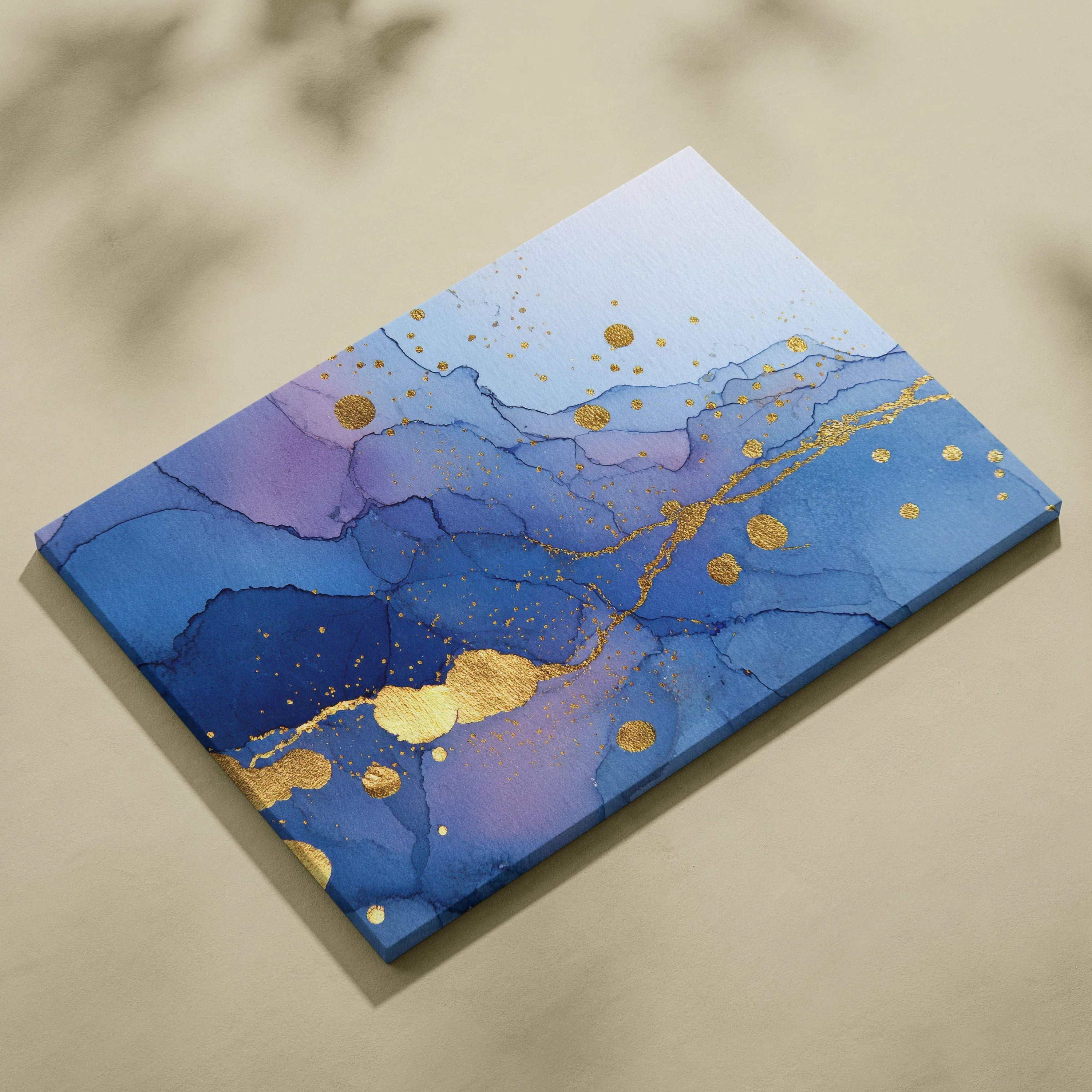 Coastal luxe abstract fluid art canvas wall art with deep blue lavender white watercolor and gold leaf accents