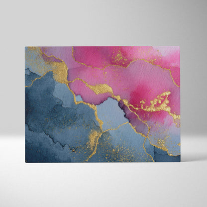 Canvas wall art with abstract design featuring bold pink and blue hues accented by gold textured veins.