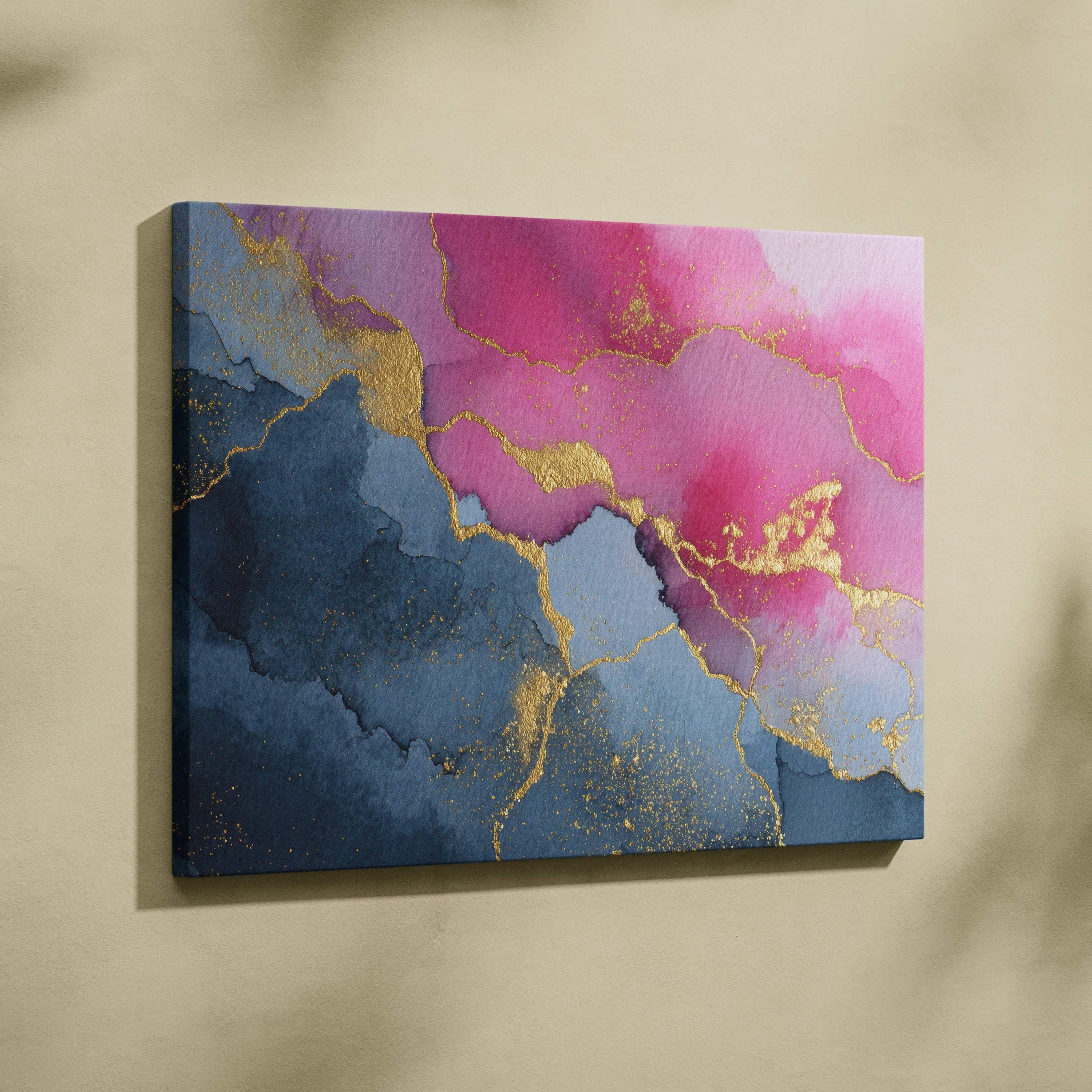 Abstract canvas wall art with pink, dark blue, and gold marbled design on canvas.