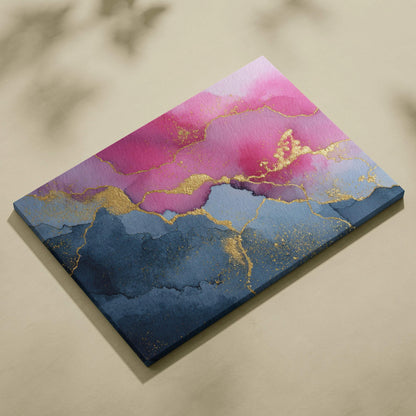 Abstract canvas wall art with flowing pink and blue shapes accented by gold veins.