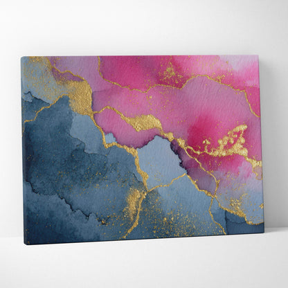 Abstract canvas wall art with pink and blue color blocks accented by gold metallic streaks.