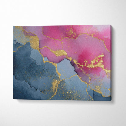 Abstract modern wall art canvas with pink, blue, and gold textured design.