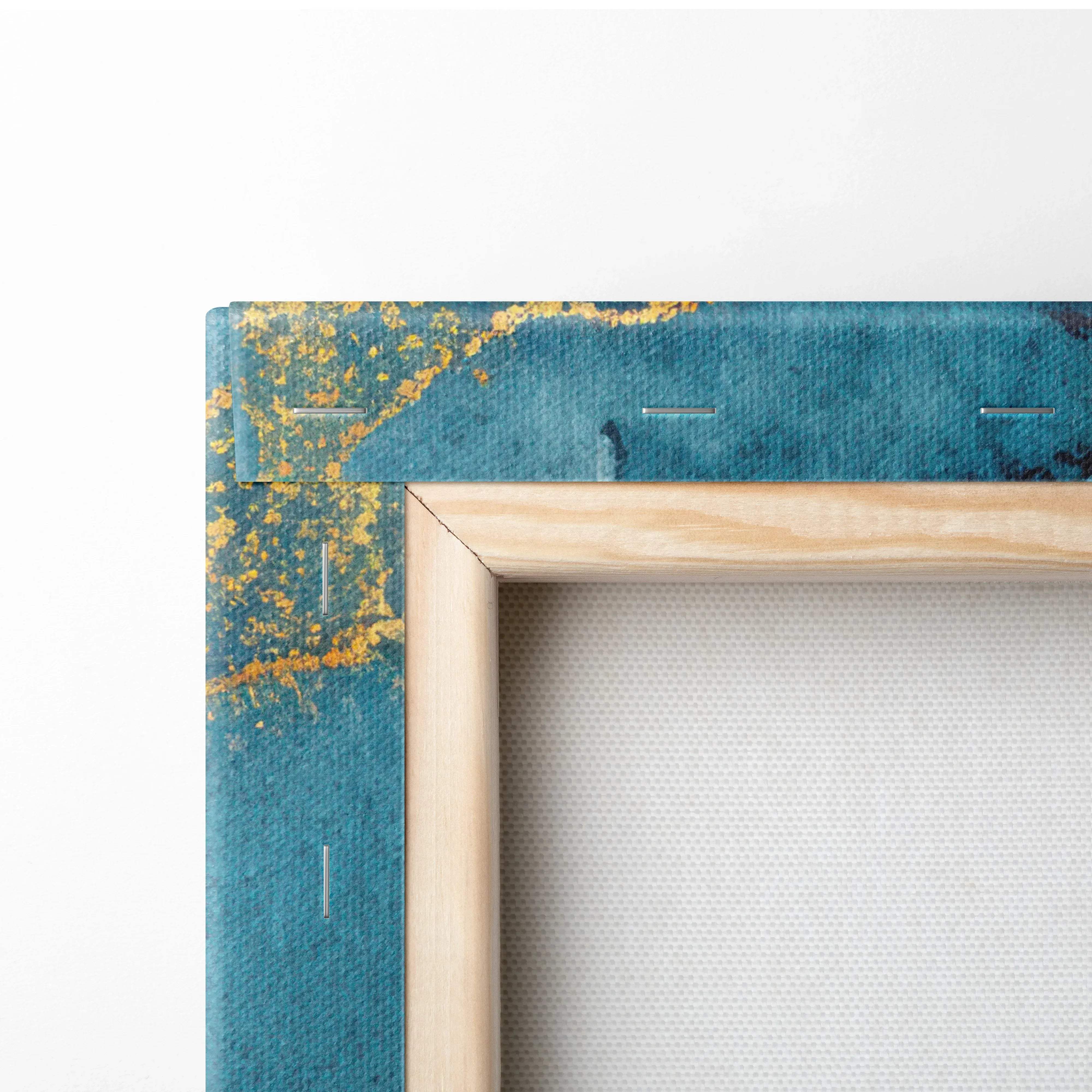 Teal and gold abstract fluid art canvas wall art with gold foil accents in a natural wood frame for calming decor