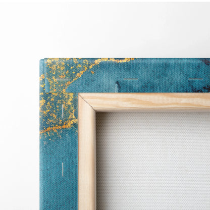 Blue canvas corner with gold abstract pattern and natural wooden frame edge.