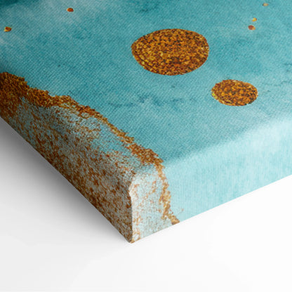 Abstract digital canvas art with turquoise background and rusty orange circular shapes accented by textured edges.