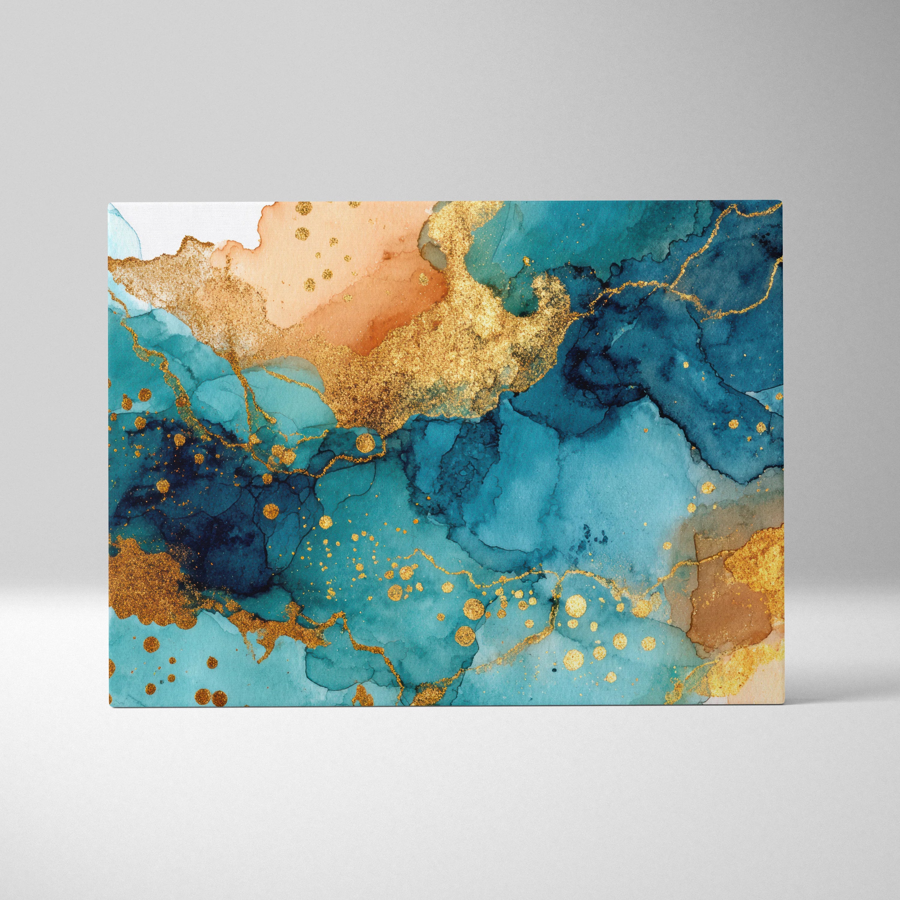 Abstract digital art canvas wall art with blue, teal, gold, and brown fluid patterns and gold accents.