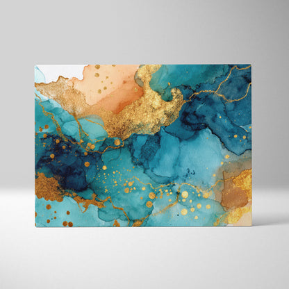 Abstract digital art canvas wall art with blue, teal, gold, and brown fluid patterns and gold accents.