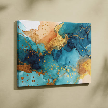 Abstract canvas art with fluid blue, teal, gold, and beige swirls and gold accents for modern wall decor.