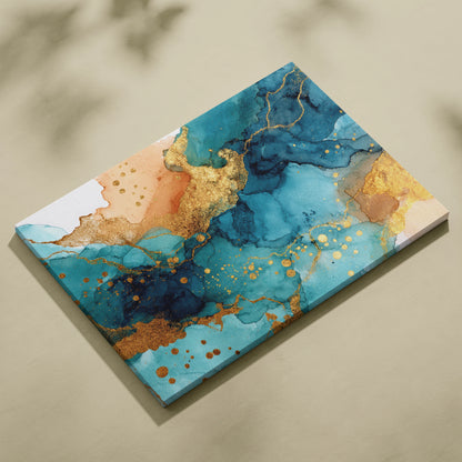 Abstract digital canvas art with blue, teal, gold, and beige fluid patterns and gold splatter accents.