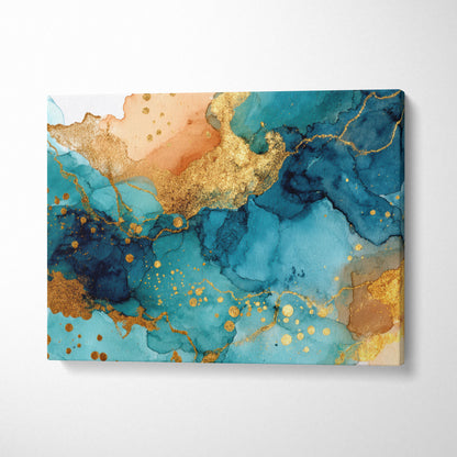 Abstract digital art canvas wall art featuring blue, teal, and gold fluid patterns on canvas.