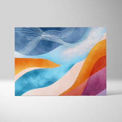 Abstract digital canvas wall art with flowing blue, orange, pink, and purple curves and white wave accents.