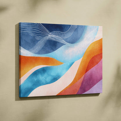 Canvas wall art featuring vibrant abstract waves in blue, orange, pink, and white tones with flowing white line details.