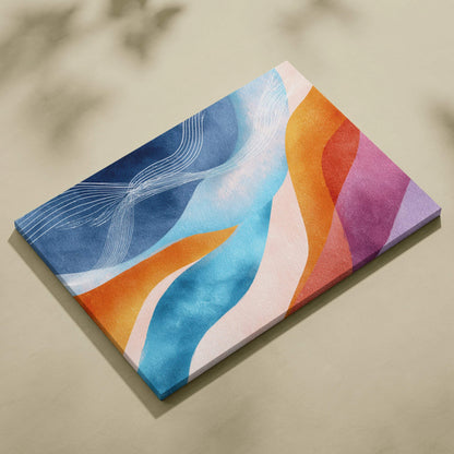 Abstract digital canvas wall art with flowing shapes in blue, orange, pink, and purple tones.