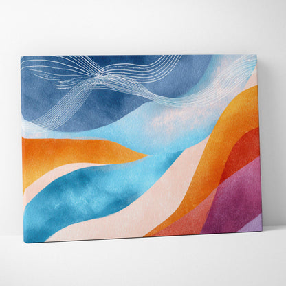 Abstract digital canvas art with flowing blue, orange, pink, and purple waves and white line accents.
