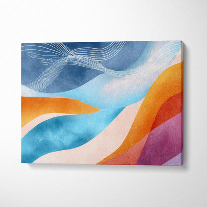 Abstract canvas wall art with flowing blue, orange, pink, and white waves in digital style.