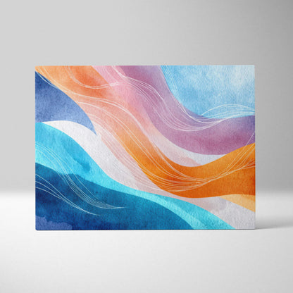 Abstract canvas art with flowing waves in blue, orange, pink, and white tones for modern wall decor.