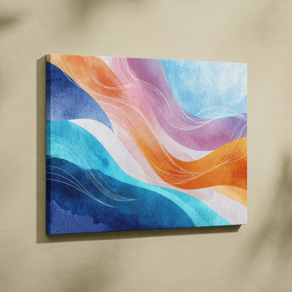 Vibrant abstract canvas art with flowing blue, orange, and purple waves, modern wall art canvas print.
