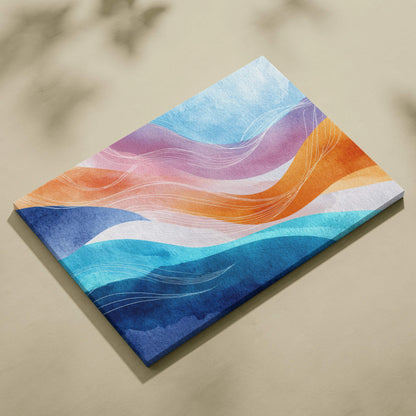 Abstract canvas art with flowing waves in shades of blue, orange, and purple on textured surface.