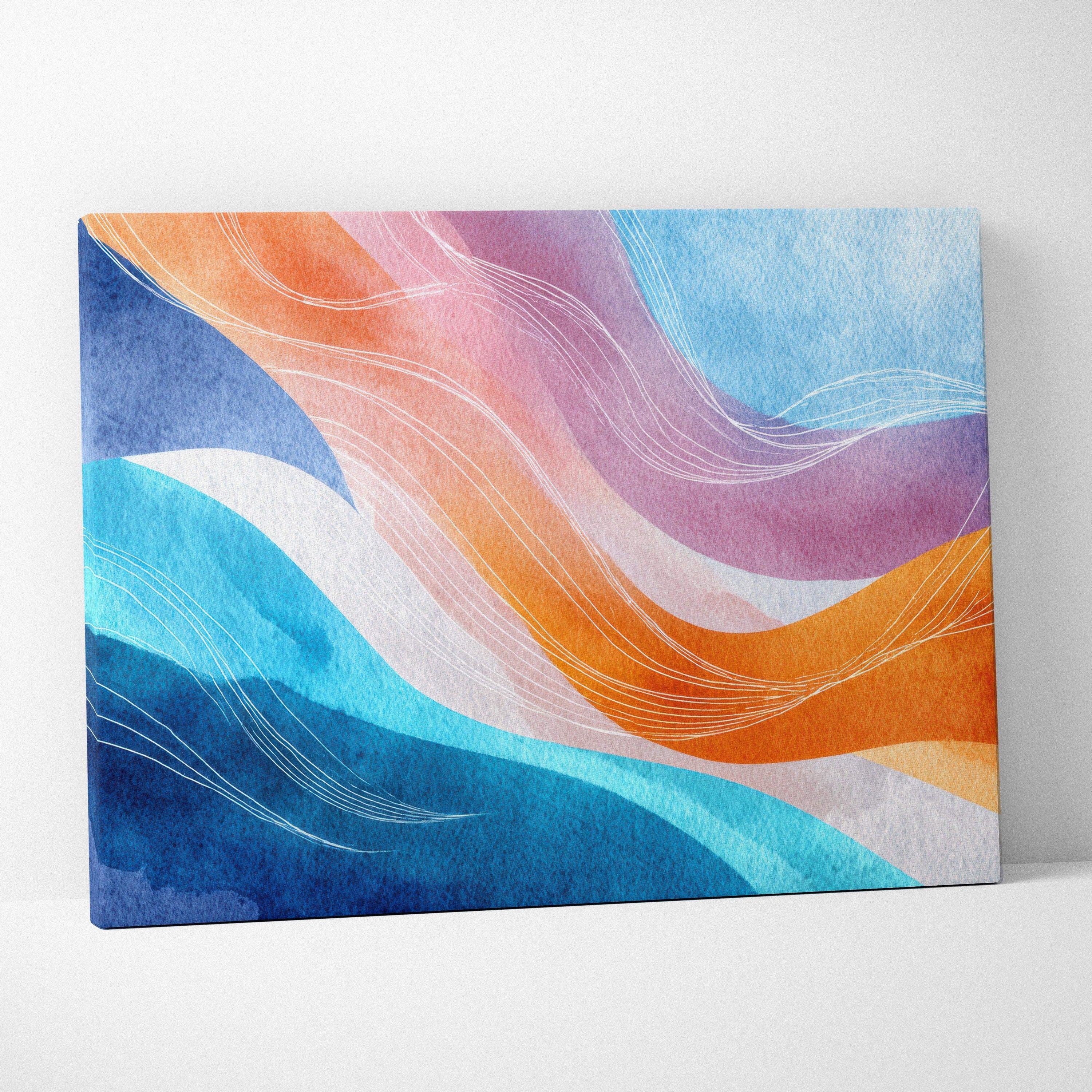 Colorful abstract digital art canvas with flowing blue, purple, and orange waves for modern wall art.