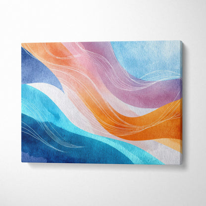 Abstract canvas art with vibrant blue, orange, and pink flowing waves for modern wall art decor.