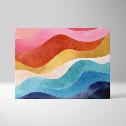 Abstract digital canvas art with wavy bands in warm reds, oranges, yellows, and cool blues.
