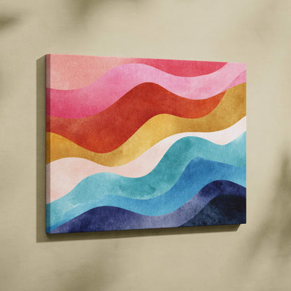 Abstract modern canvas art with layered wavy shapes in pink, red, mustard, white, teal, and navy blue tones.