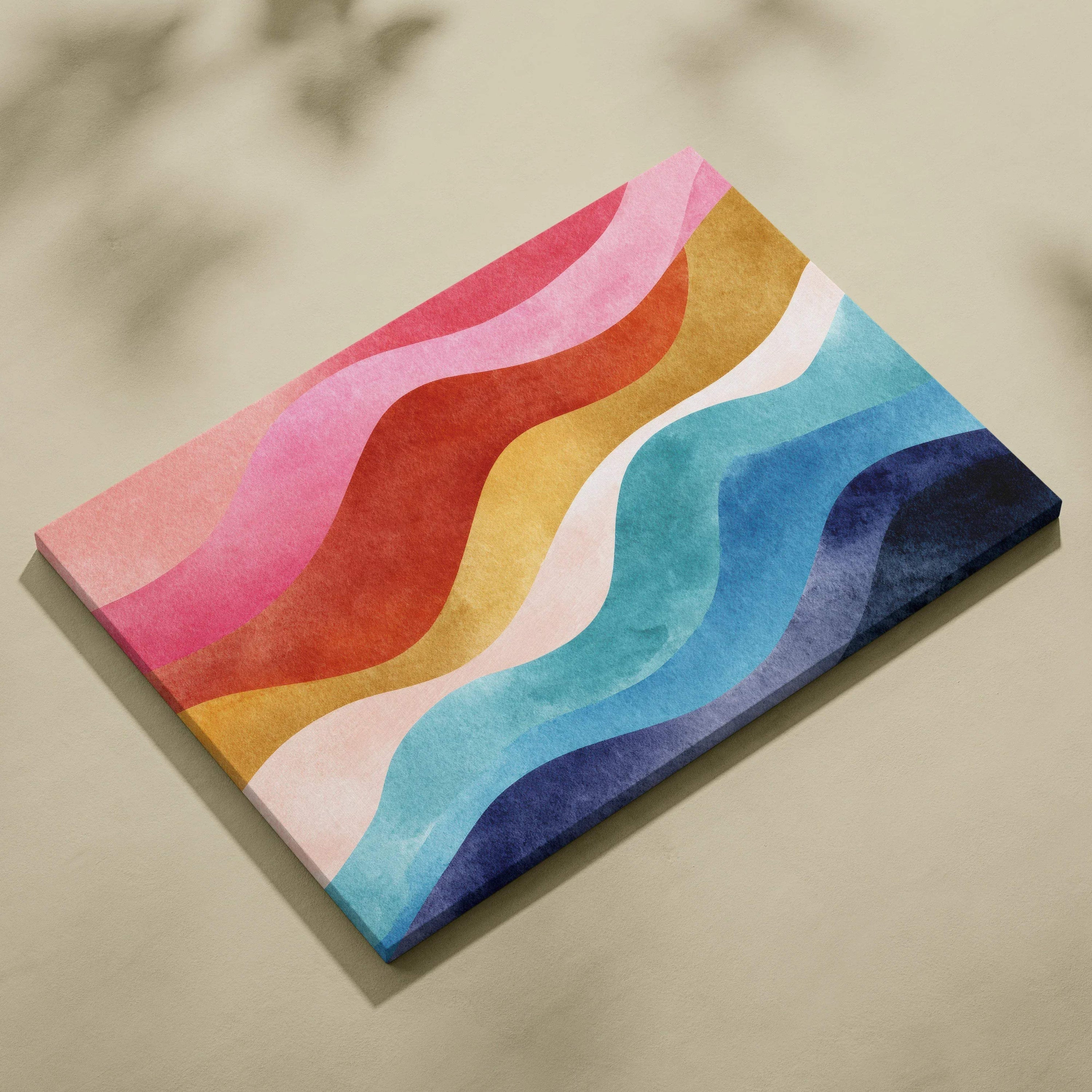 Abstract digital canvas art with bold wavy stripes in pink, red, orange, cream, blue, and navy tones.