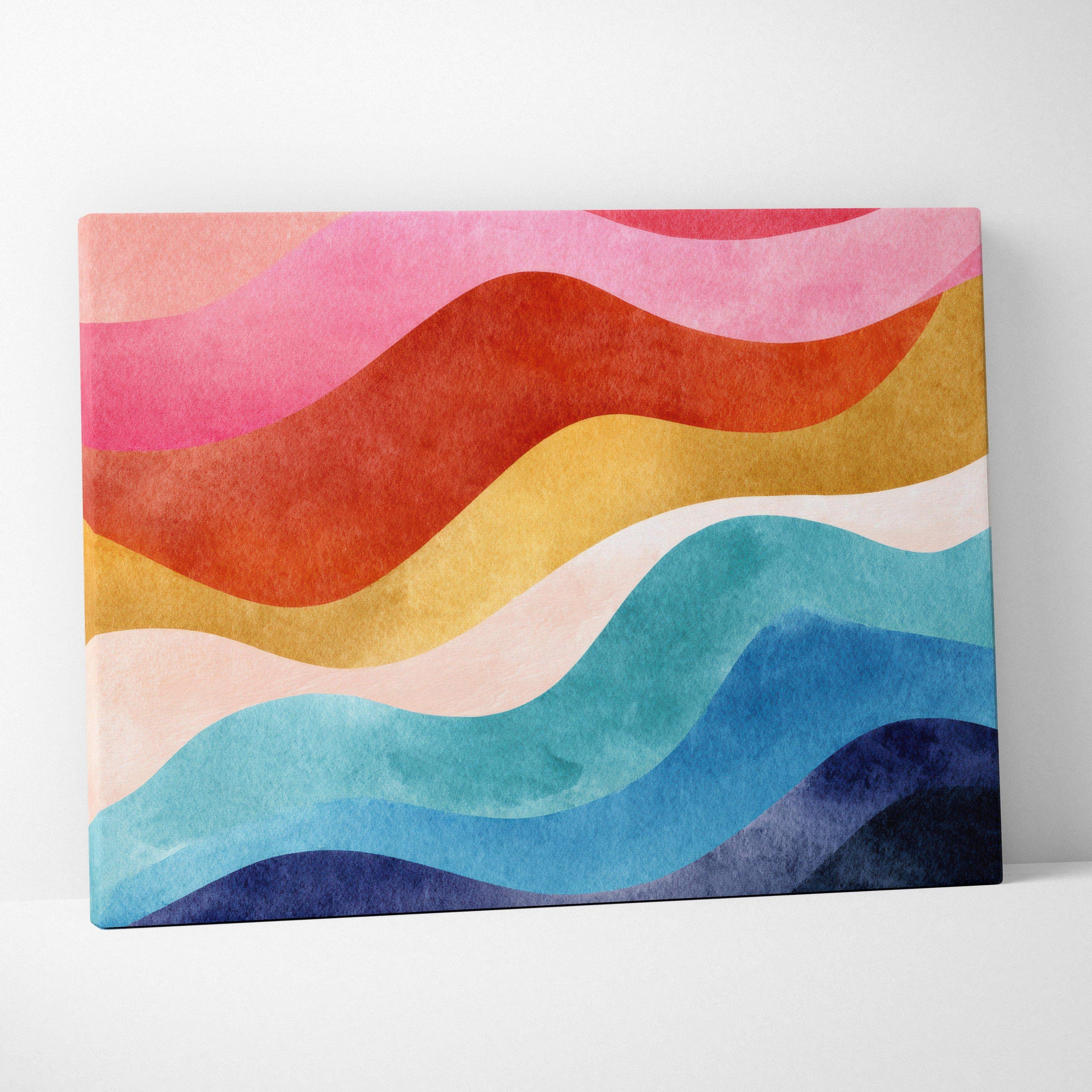 Abstract canvas art with flowing waves in shades of red, pink, gold, blue, and white for wall decor.