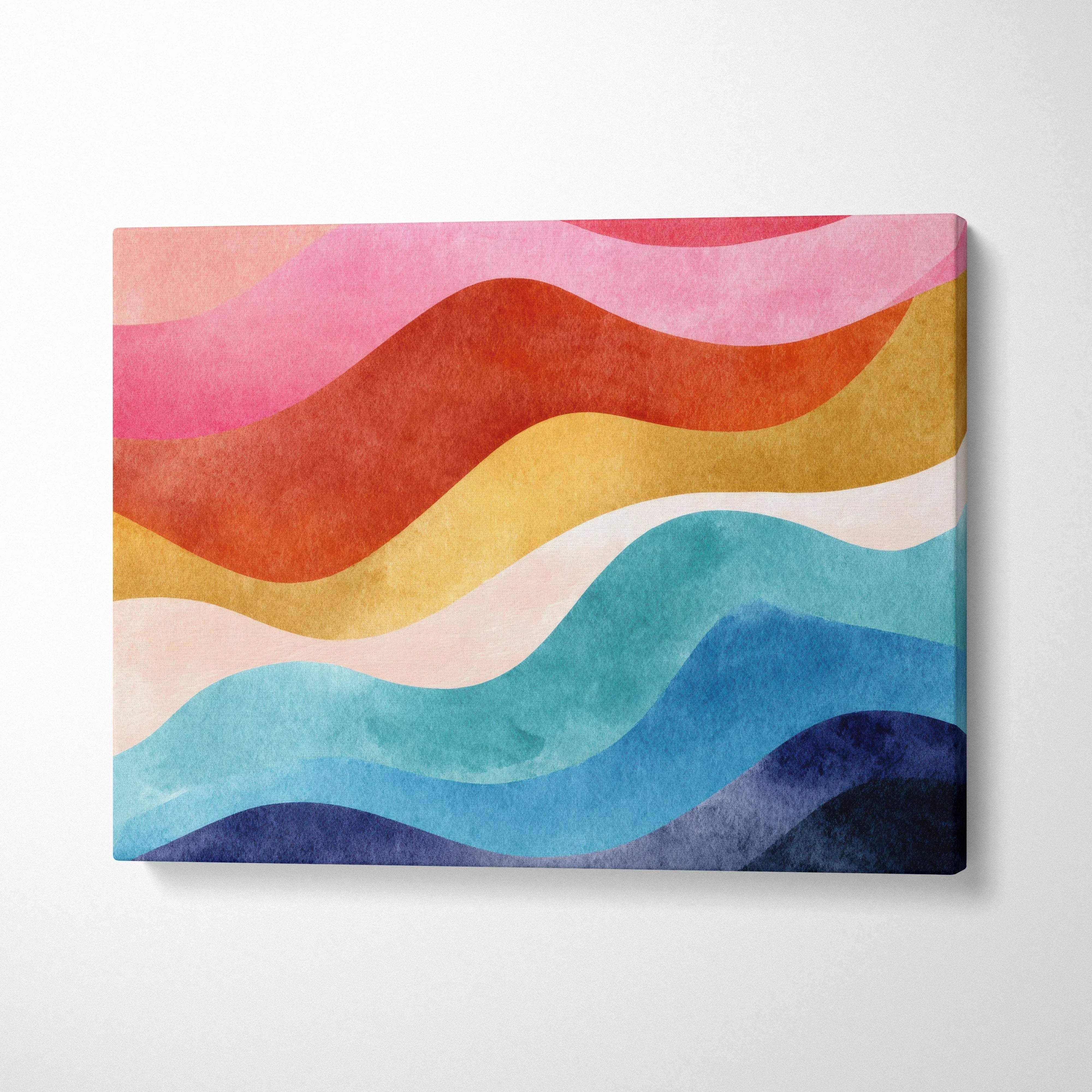 Abstract canvas wall art with wavy stripes in pink, red, yellow, blue, and navy tones.